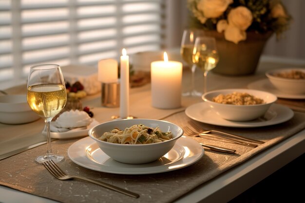 Kolacja przy świecach, talerz z potrawą